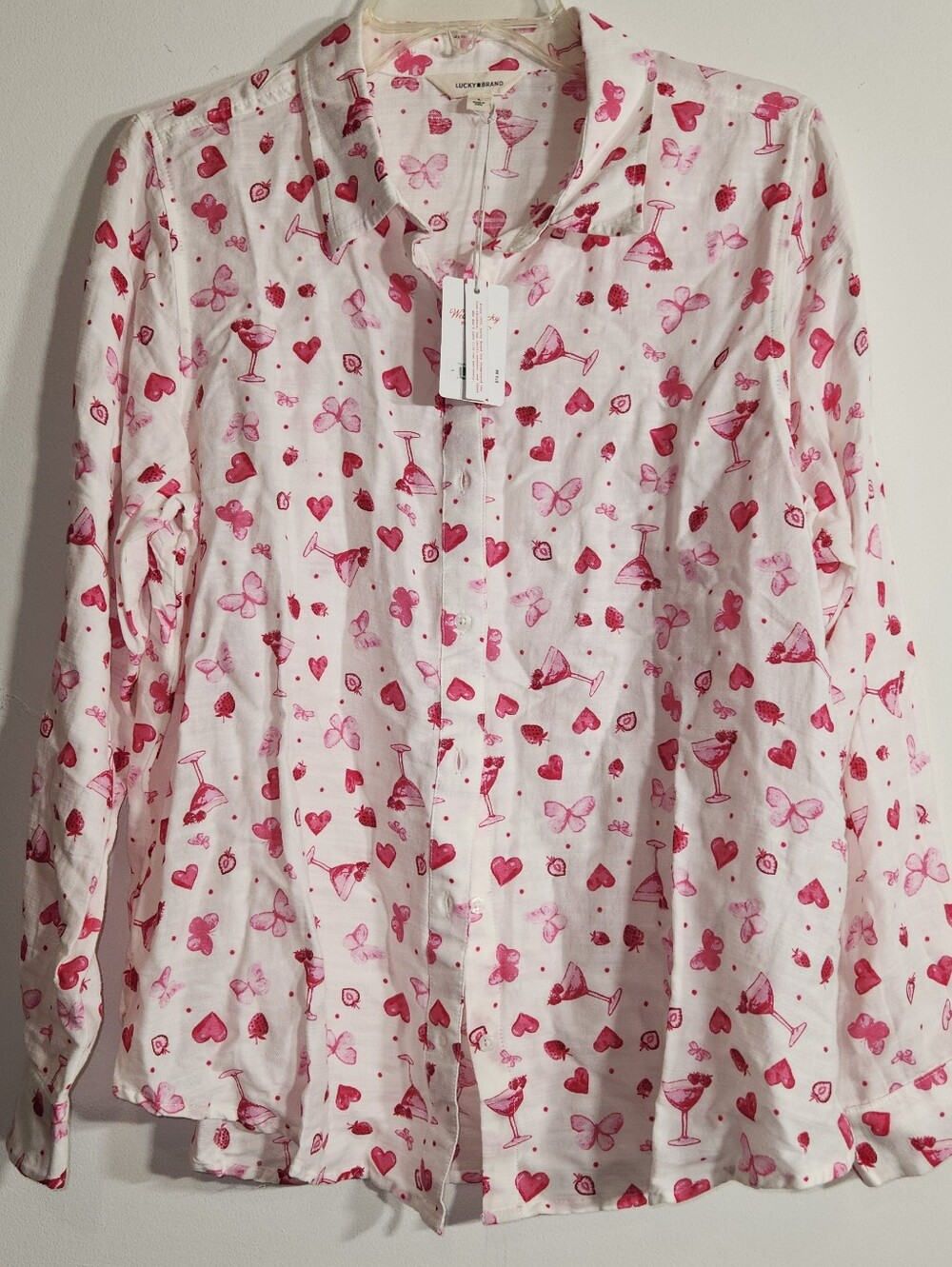 Lucky Brand Large White Button-Up Shirt Hearts, Butterflies & Cocktail Print